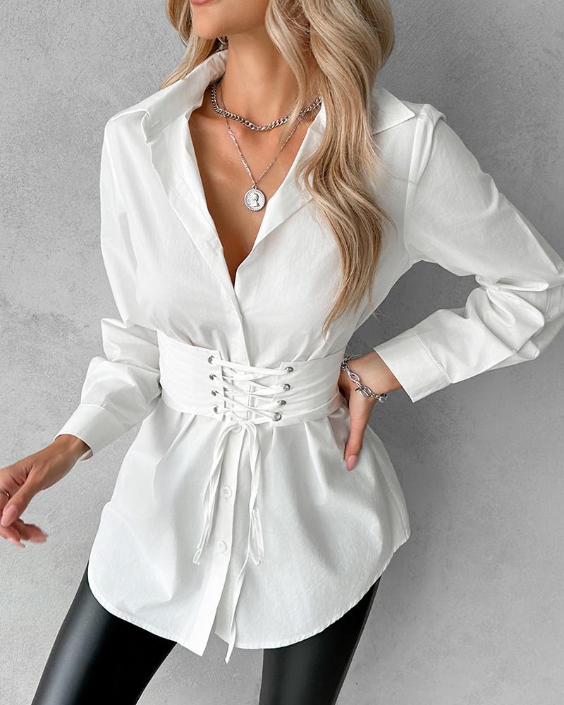

Solid Eyelet Lace-Up Front Shirt Dress, White