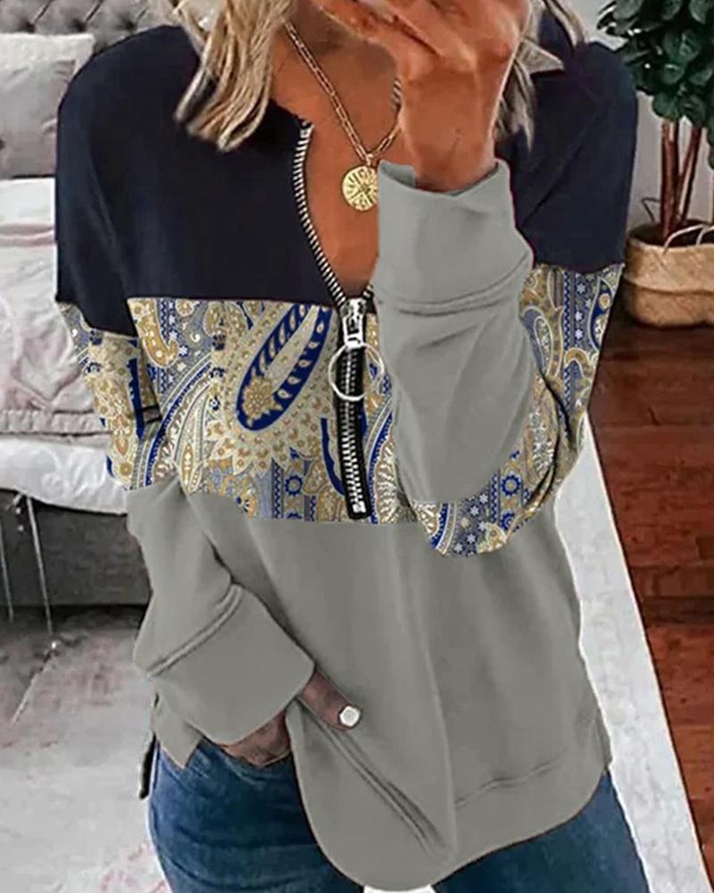 

Tribal Print Zip Front Long Sleeve Top, Gray