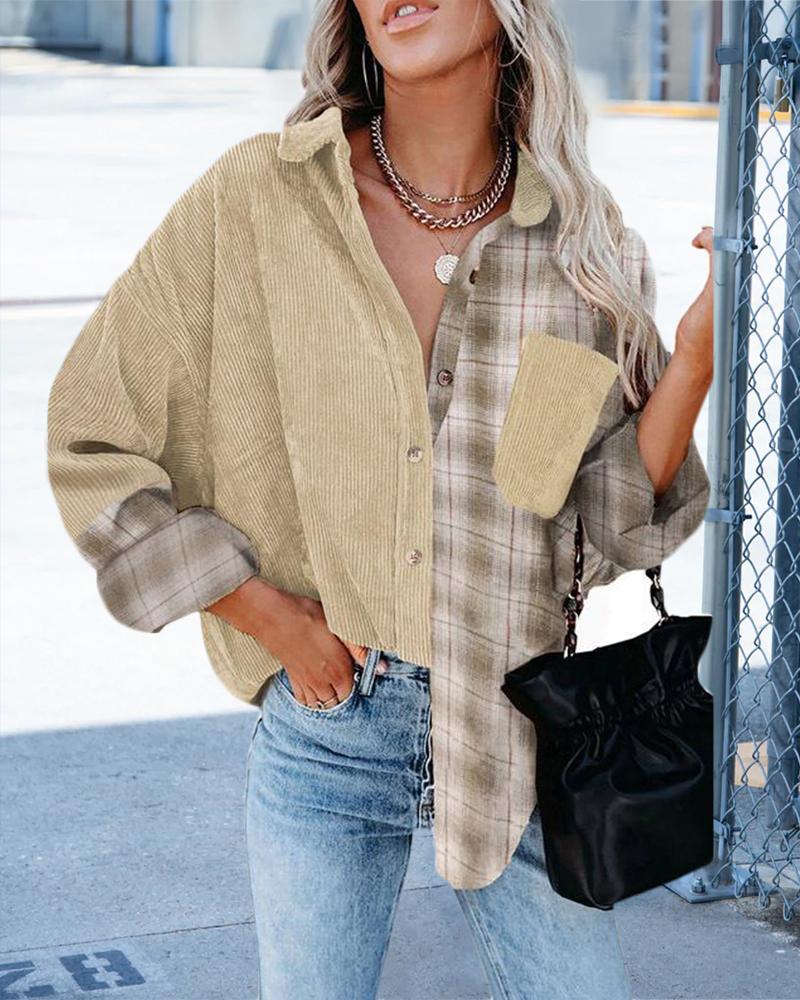 

Plus Size Plaid Print Long Sleeve Shacket, Khaki