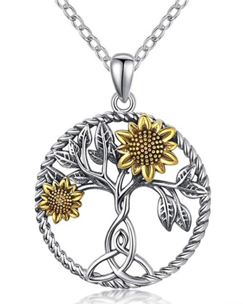 

1pc Sunflower Tree Shaped Geometric Pendant Necklace, Silver