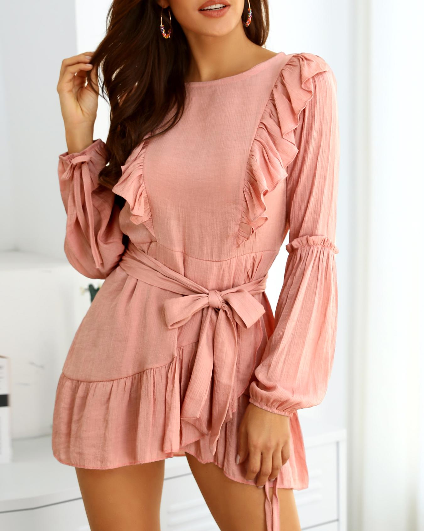 

Ruffle Bishop Sleeve Self-belted Wrapover Hem Dress, Pink