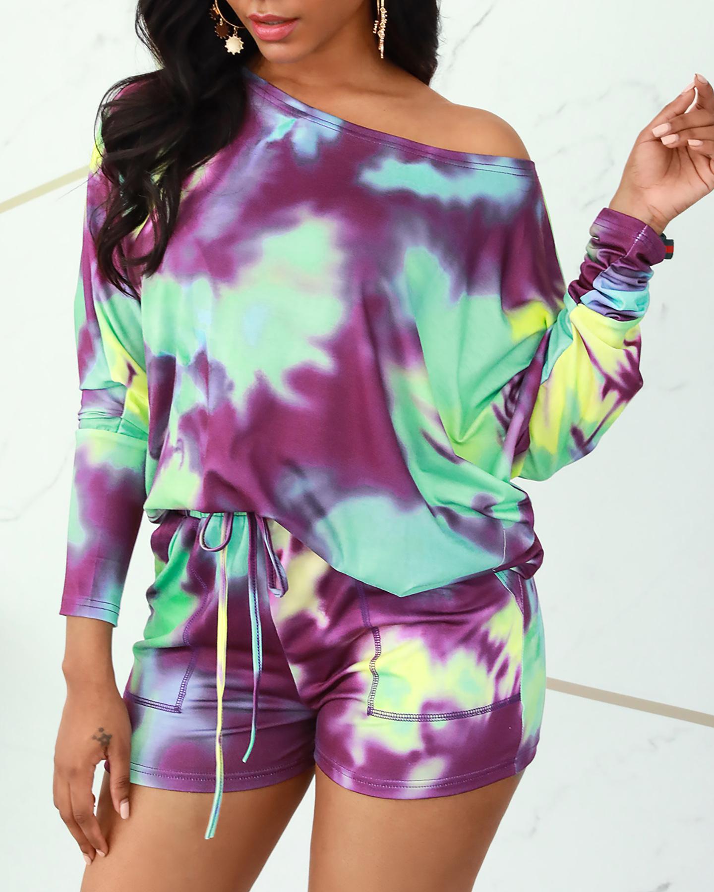 

Tie Dye Print Long Sleeve Top & Drawstring Shorts Set, Purple