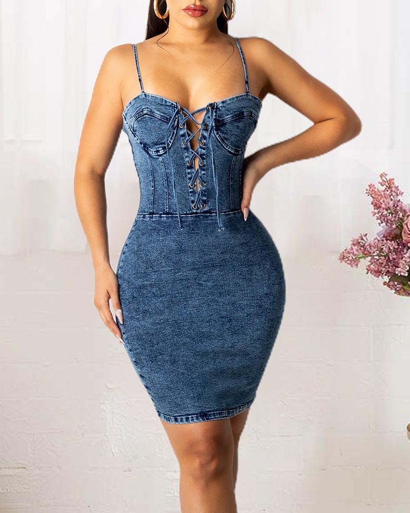 

Lace-up Front Zipper Back Cami Denim Dress, Blue