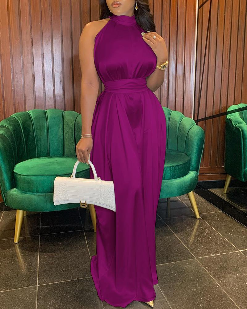

Wide Leg Sleeveless Mock Neck Satin Jumpsuit, Purple