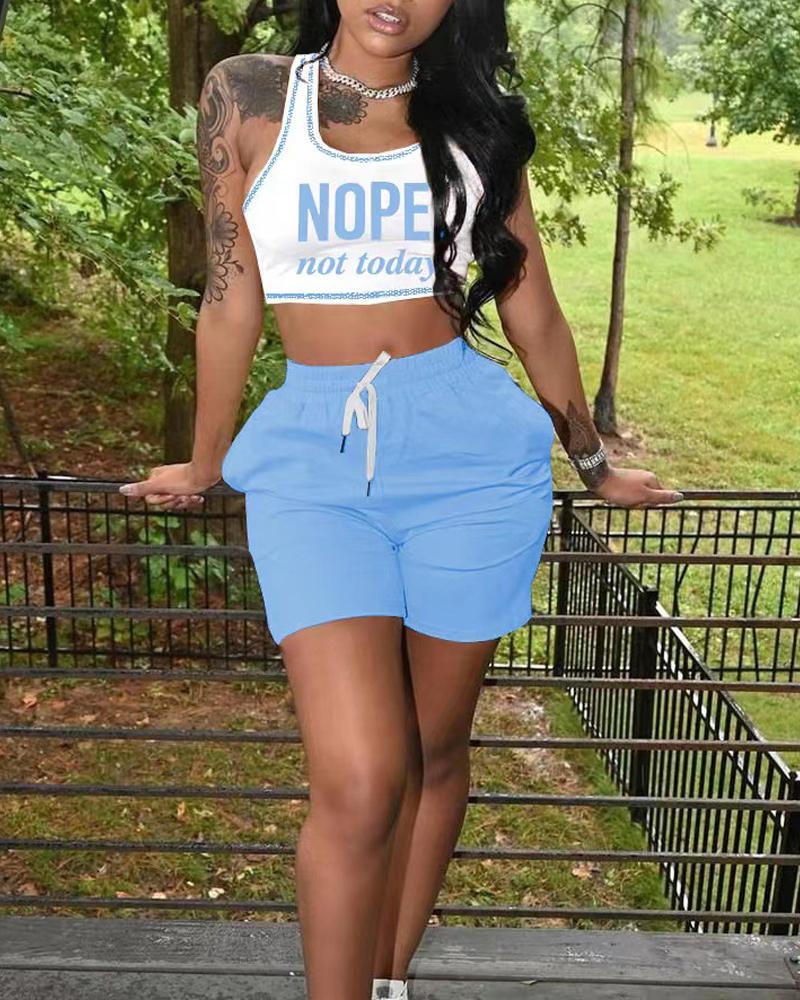 

Letter Print Crop Tank Top & Drawstring Shorts Set, Blue