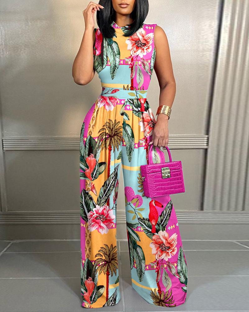 

Tropical Print Sleeveless Wide Leg Jumpsuit, Multicolor