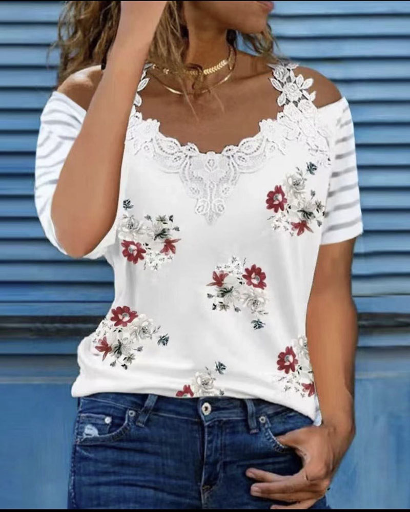 

Floral Print Guipure Lace Patch Cold Shoulder Top, White