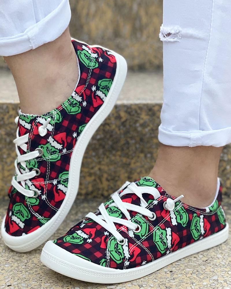 

Christmas Graphic Print Lace-up Canvas Slip-On, Black&green