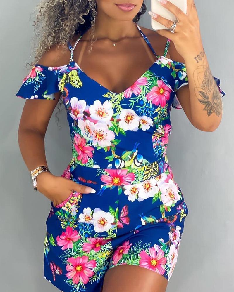 

Butterfly Floral Print Cold Shoulder Romper, Blue