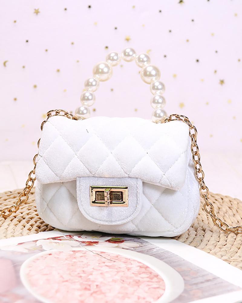 

Quilted Velvet Twist Lock Beaded Strap Mini Satchel Bag, White