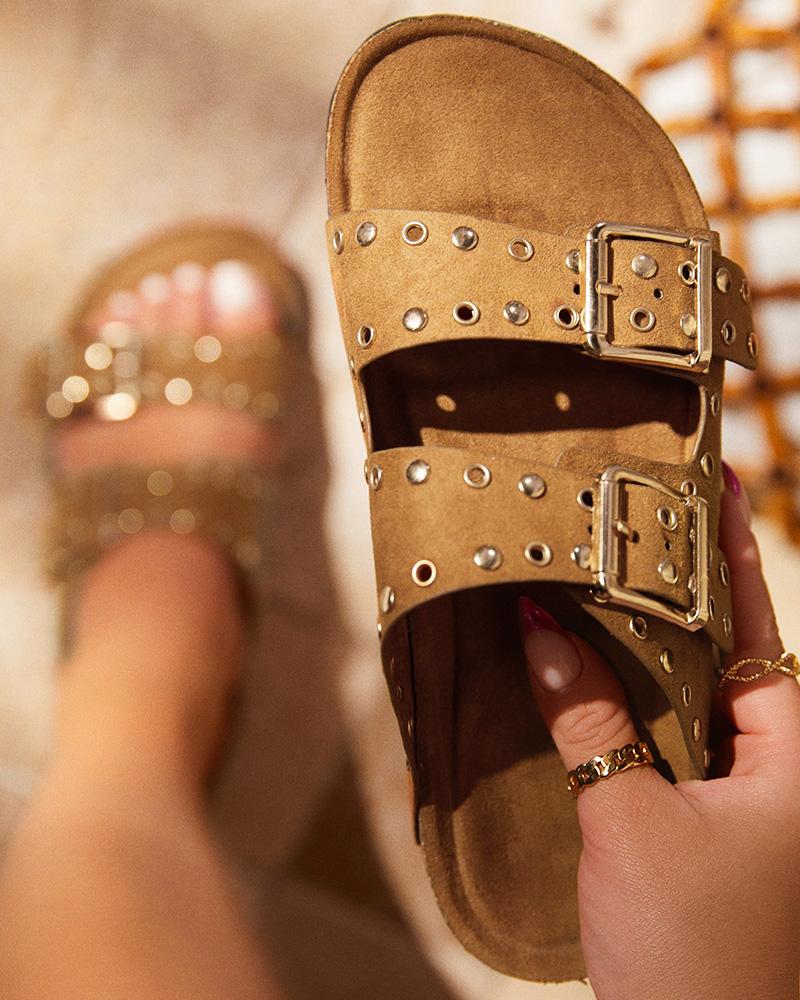 

Eyelet Buckled Double Strap Casual Slippers, Brown