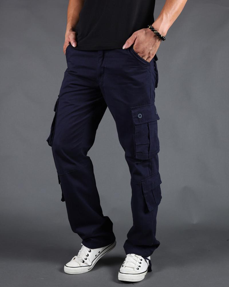 

Solid Loose Straight Leg Cargo Pants, Blue