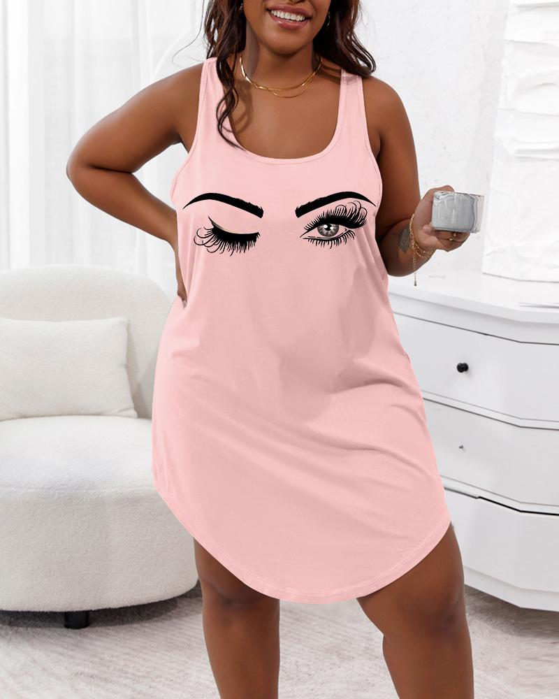 

Vestido de dormir sin mangas con cuello en U y estampado de figuras de talla grande, Pink