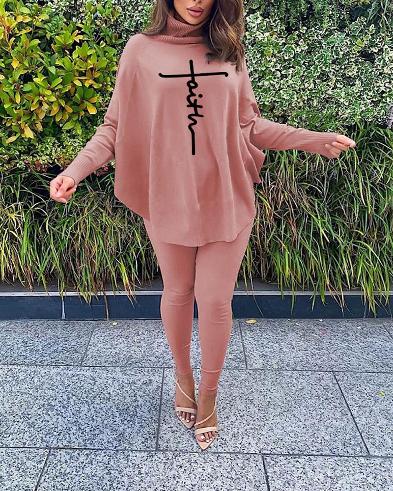 

Faith Print Batwing Sleeve Top & Pants Set, Khaki
