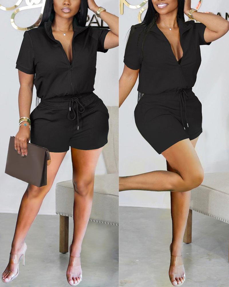 

Casual Zip Up Top & Drawstring Shorts Set, Black