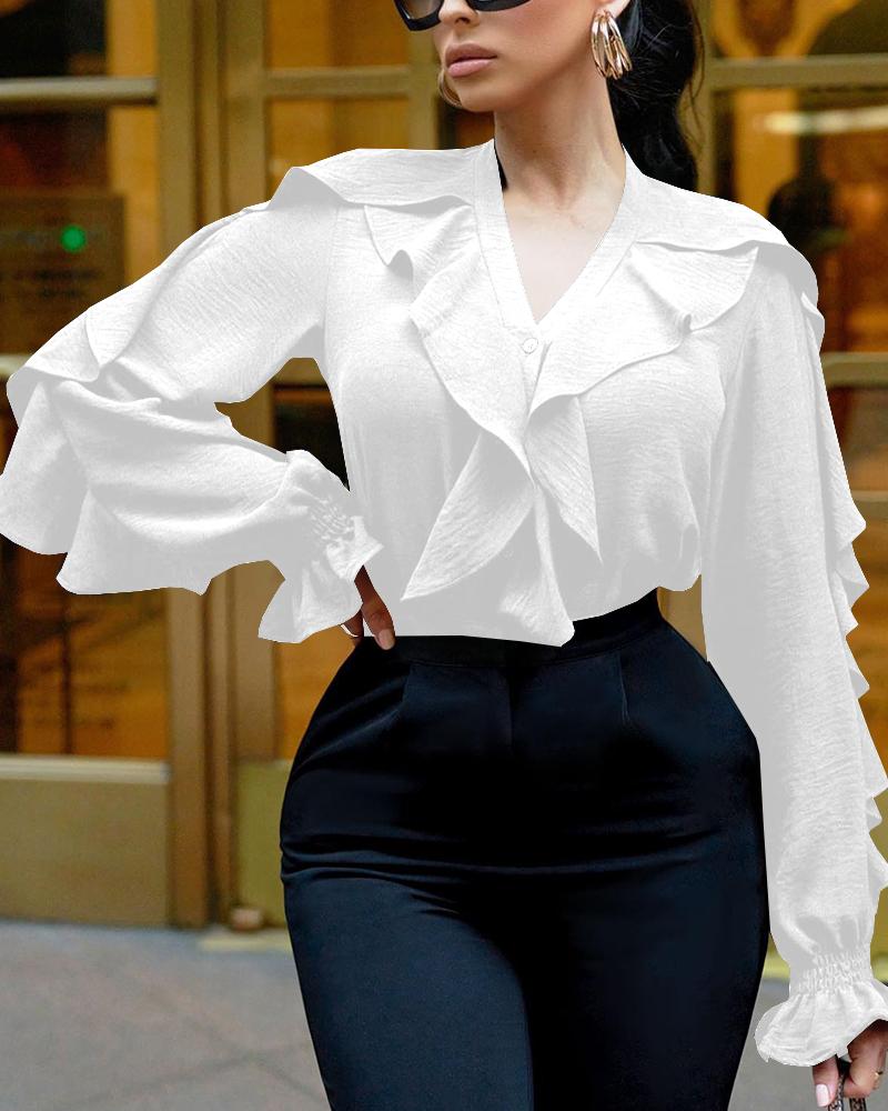 

Ruffle Hem Long Sleeve Work Blouse, White