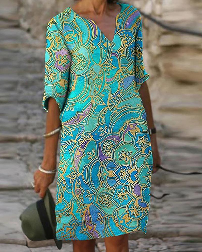 

Knee Length Half Sleeve Shift Dress Floral Print Casual Dress, Blue