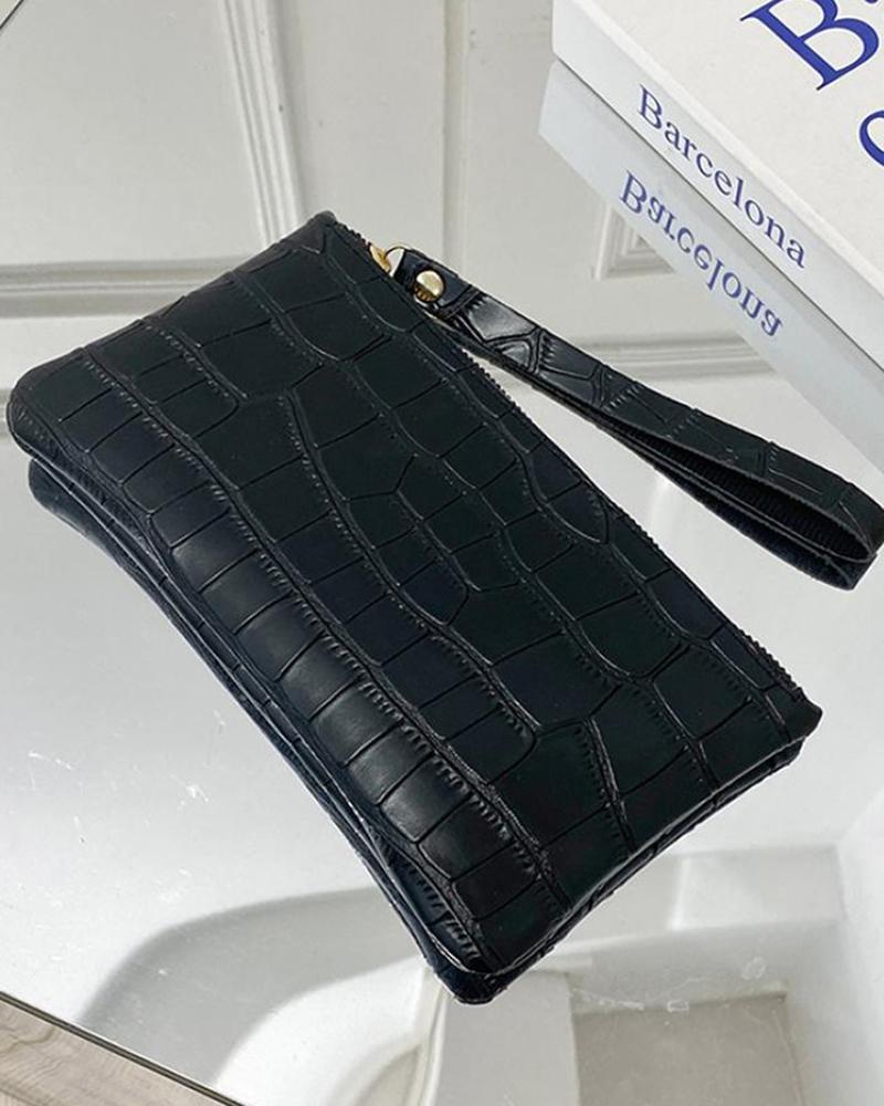 

Zipper Decor Croc Embossed Clutch Bag, Black