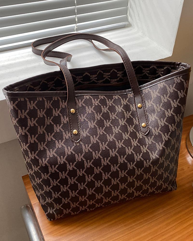 

Letter Print Large Capacity Work Tote Bag, Brown