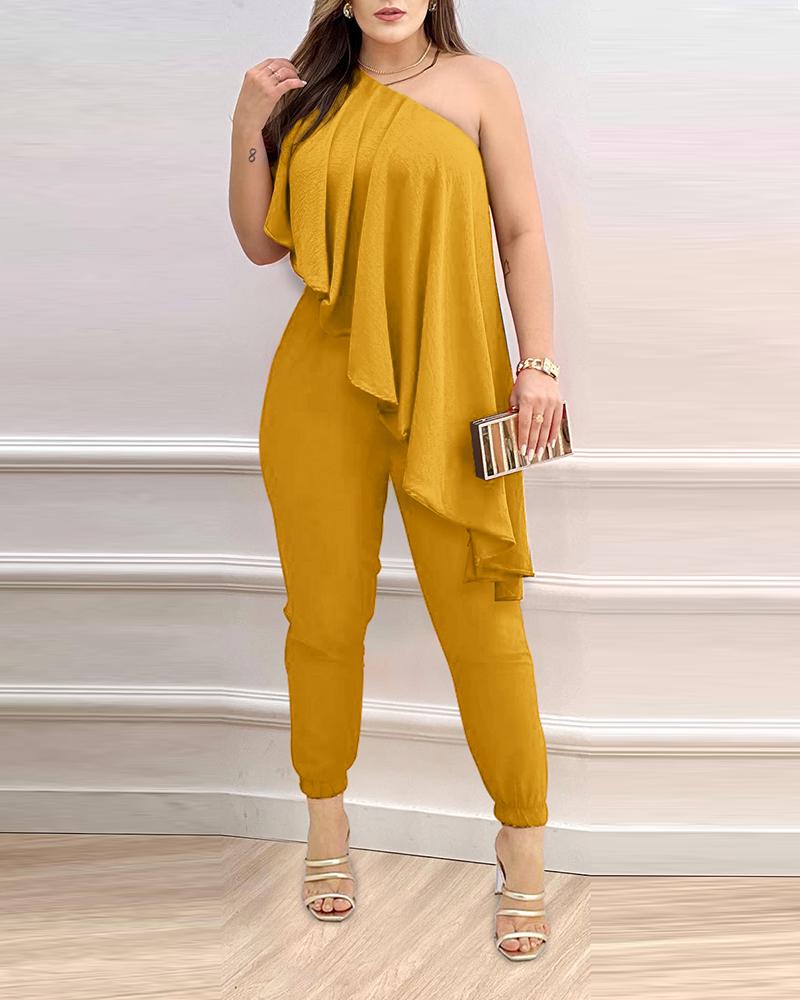 

One Shoulder Asymmetrical Ruffles Jumpsuit, Yellow