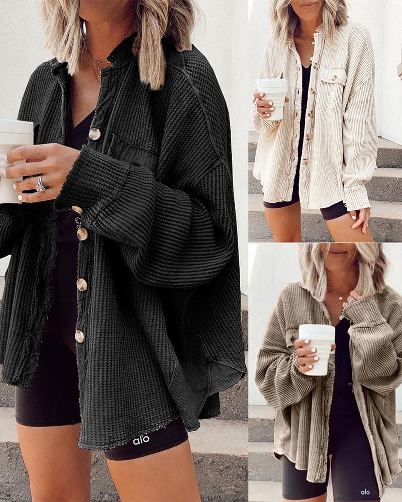

Waffle Knit Button Front Long Sleeve Cardigan, Black
