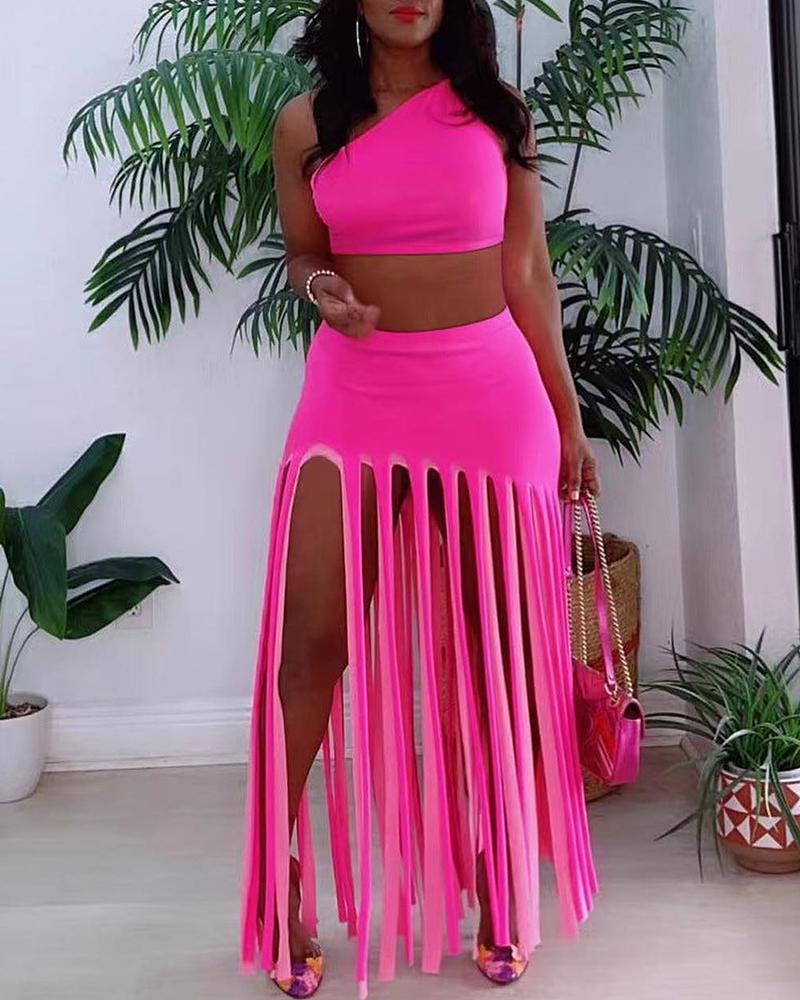 

One Shoulder Crop Top & Tassel Decor Skirt Set, Hot pink