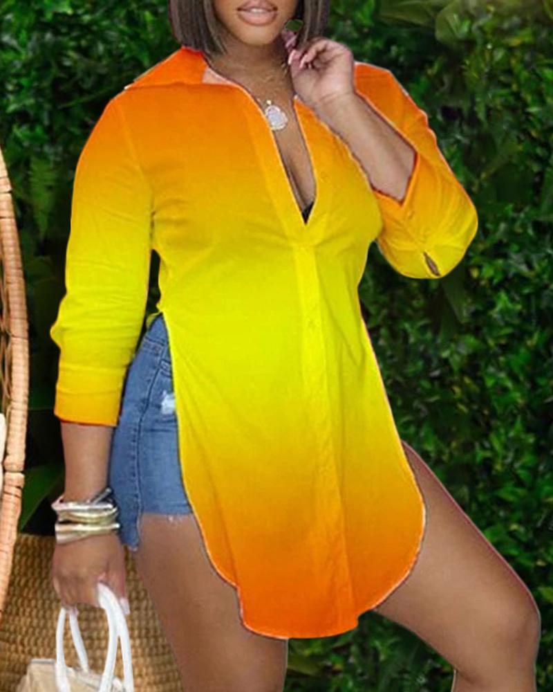 

Plus Size Ombre Buttoned Long Sleeve Slit Shirt, Yellow