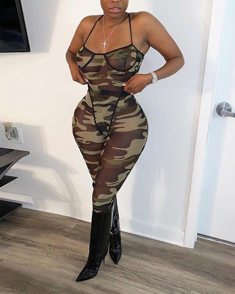 

Tropical / Tie Dye / Camouflage Cutout Jumpsuits, Army green