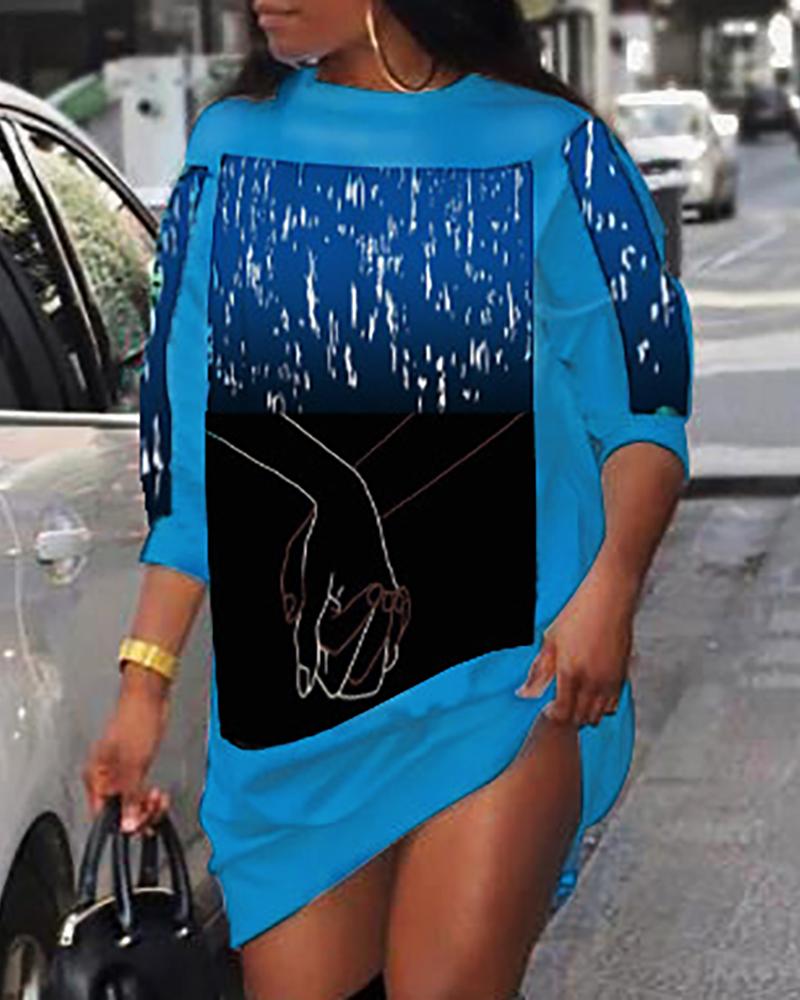 

Graphic Print Long Sleeve Casual Sweatshirt Dress, Blue