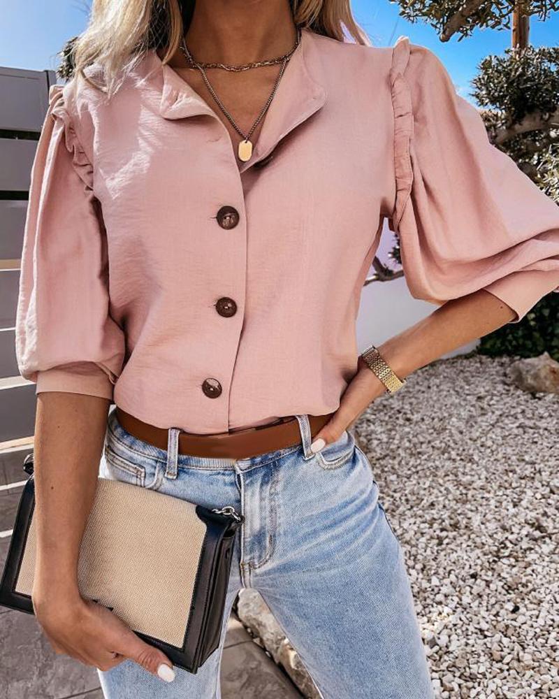 

Puff Lantern Sleeve Frill Hem Button Front Shirt, Light pink