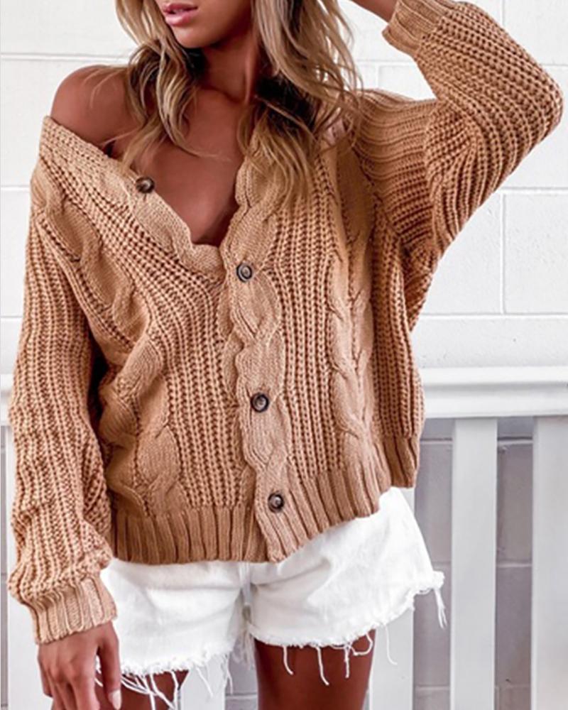 

Long Sleeve Button Design Braided Knit Cardigan, Khaki