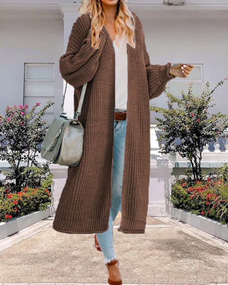 

Lantern Sleeve Open Front Chunky Knit Longline Cardigan, Coffee