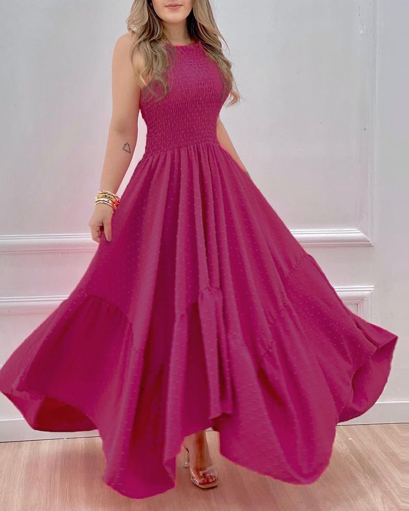 

Swiss Dot Shirred Ruffle Hem Maxi Dress, Hot pink