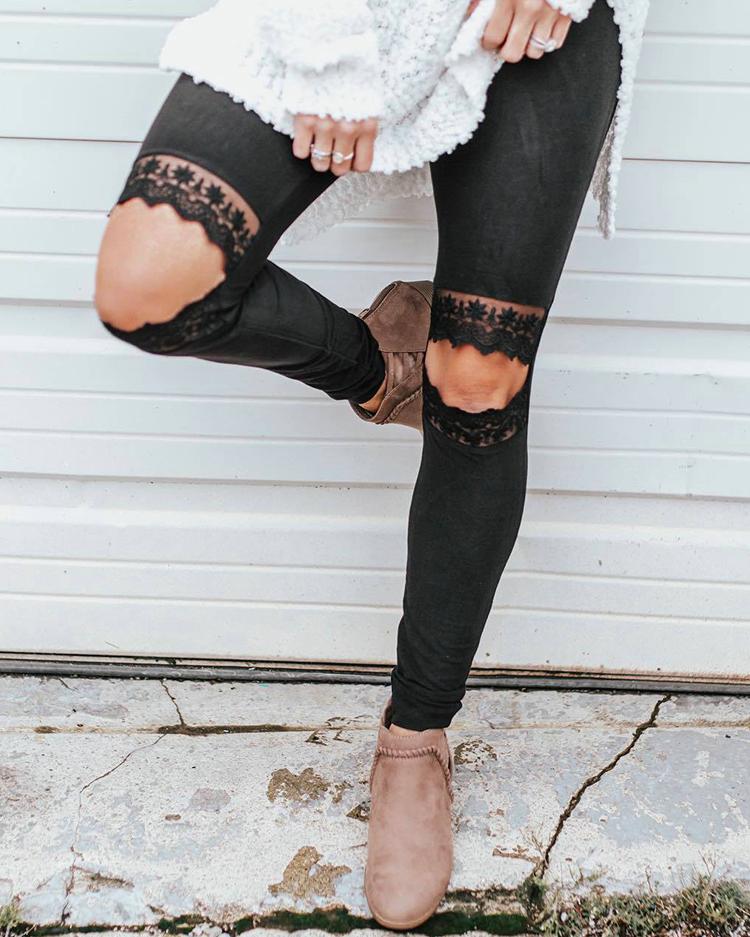 

Lace Insert Cutout Knee Casual Pants, Black