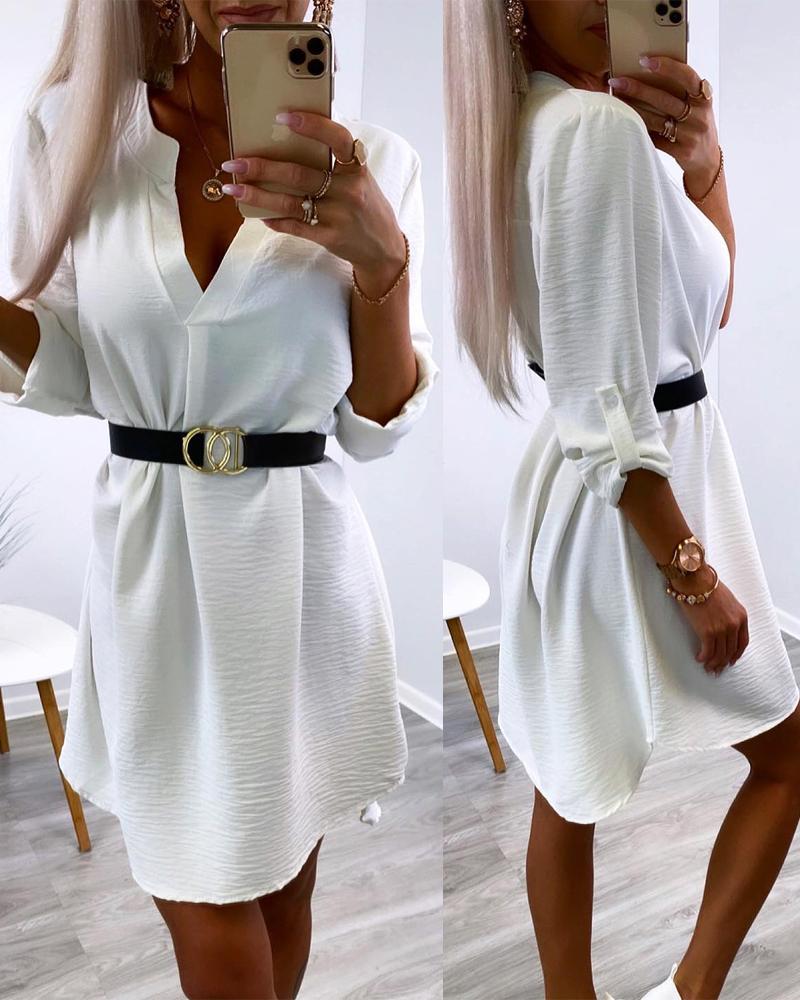 

V-Neck Roll Tab Sleeve Shirt Dress Asymmetrical Hem Casual Mini Dress, White