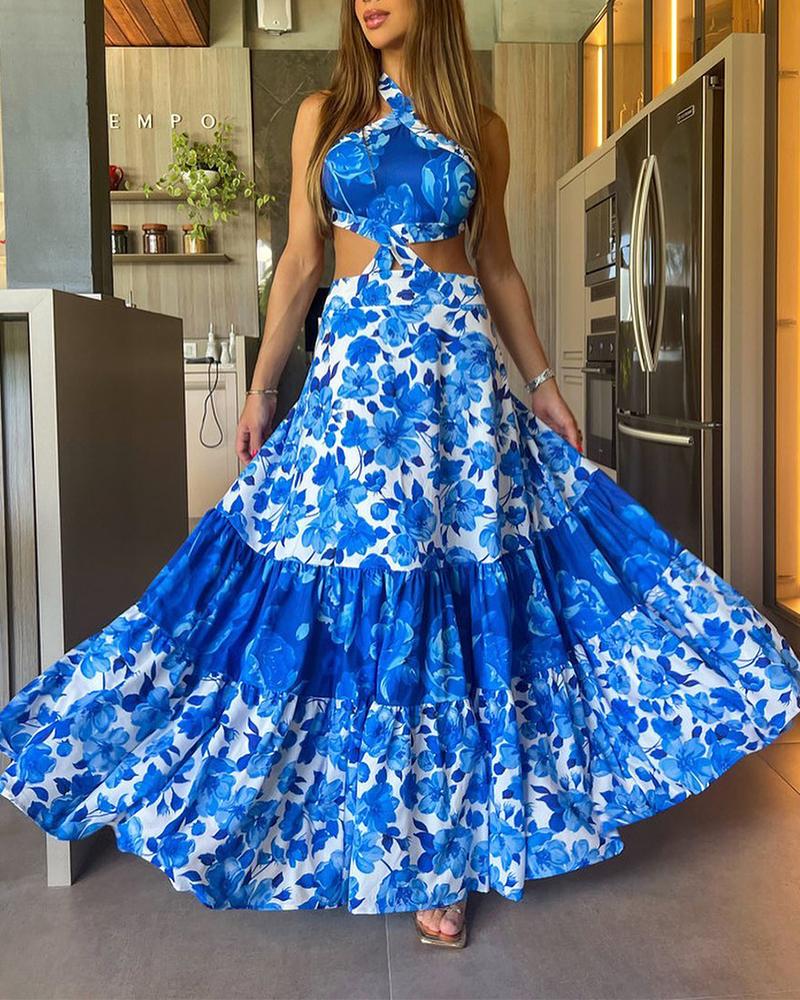 

Floral Print Halter Cutout Sleeveless Maxi Dress, Blue