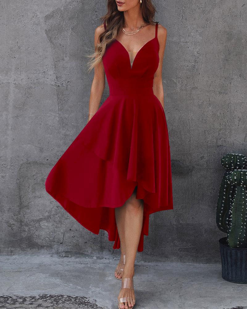 

Sheer Mesh Layered Pleated Dip Hem Dress, Wine red