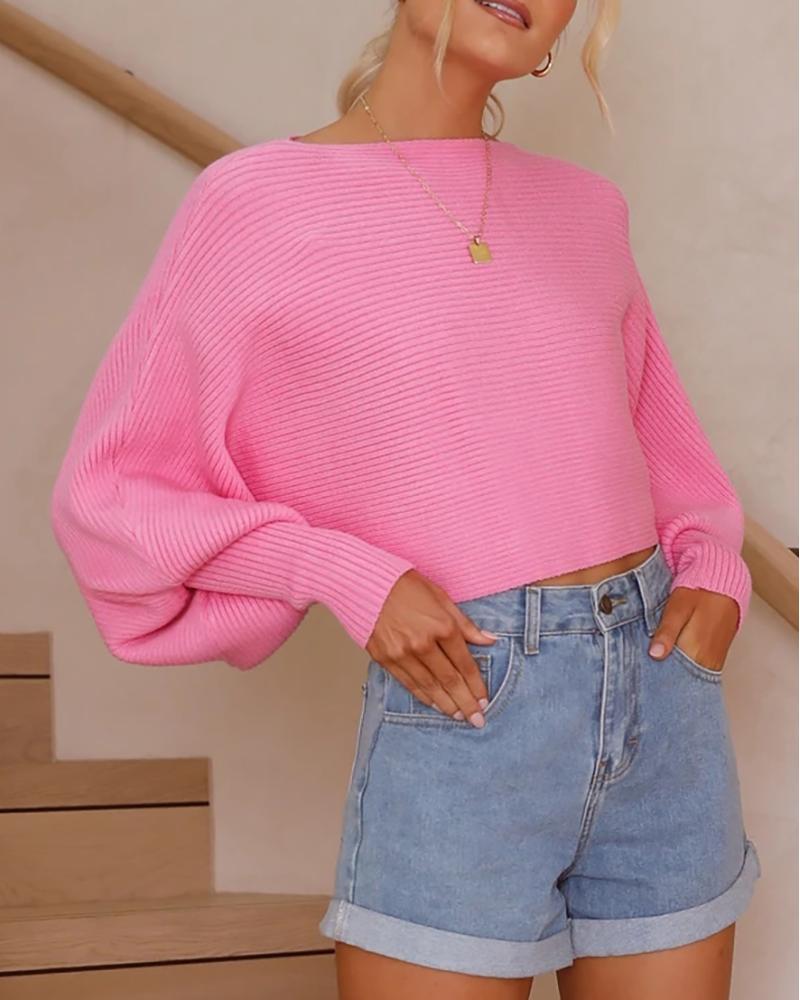 

Knit Lantern Sleeve O Neck Sweater, Hot pink