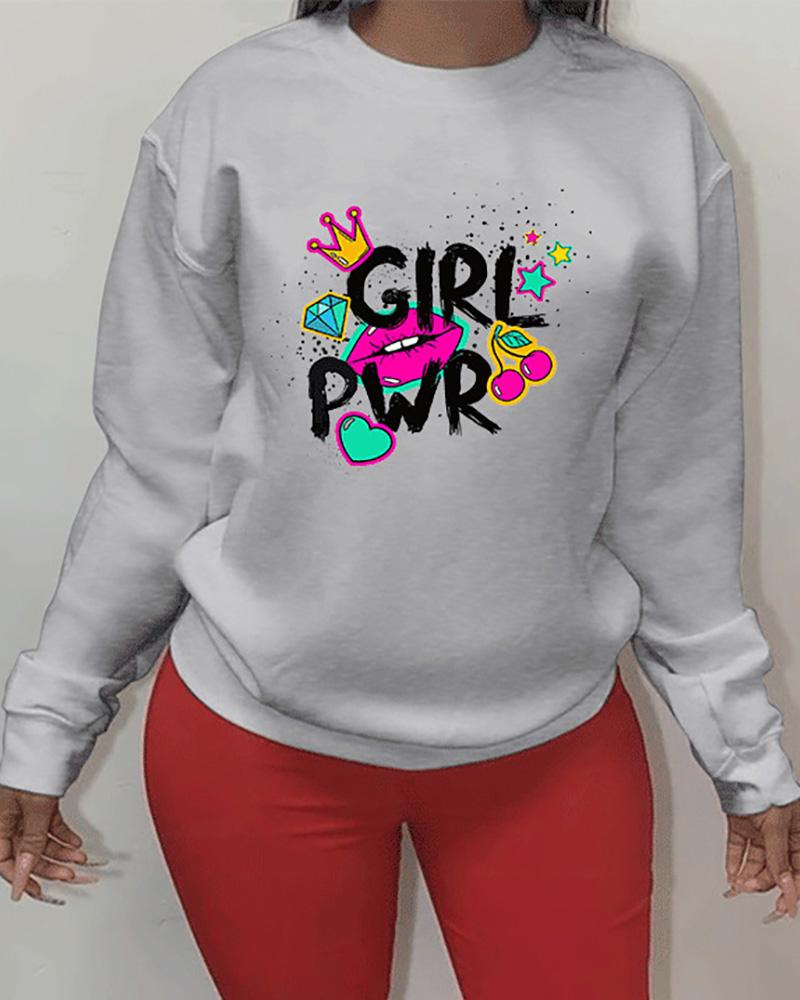 

Letter Lip Mixed Print Long Sleeve Sweatshirt, Gray