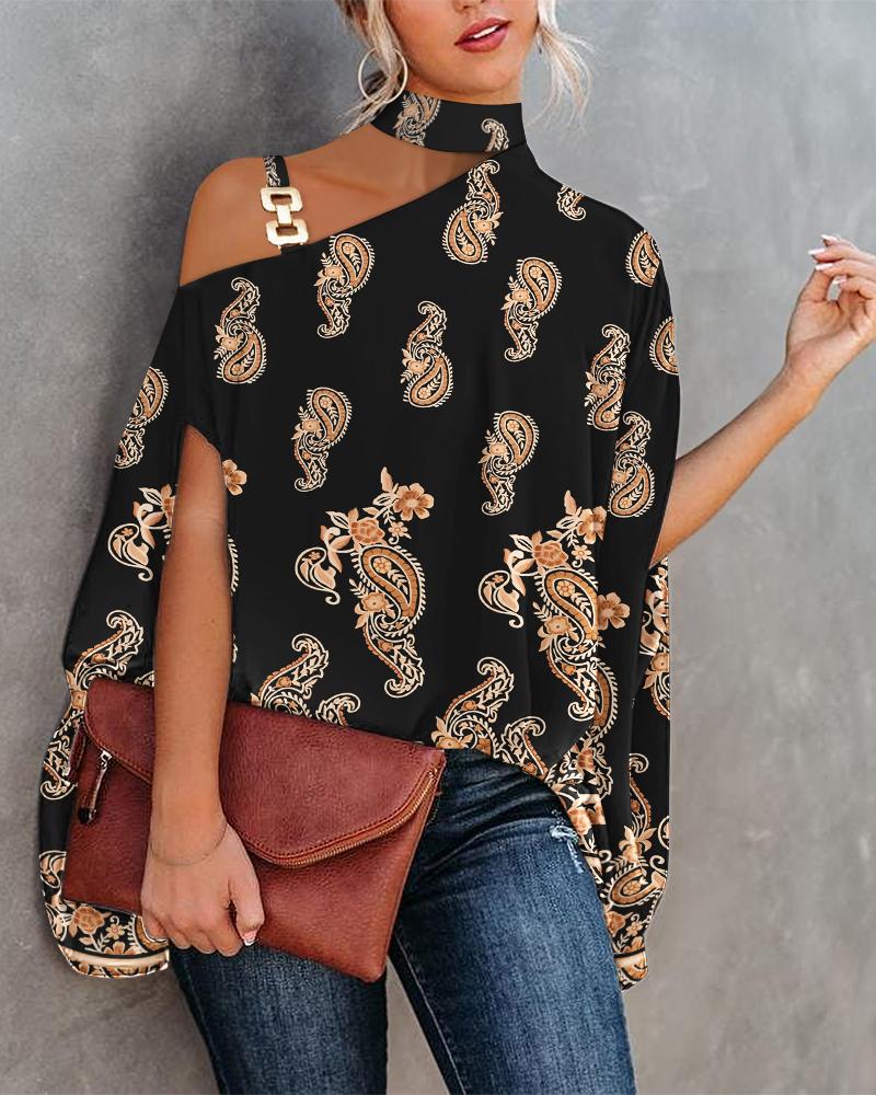 

Paisley Print Chain Strap Cold Shoulder Top, Black