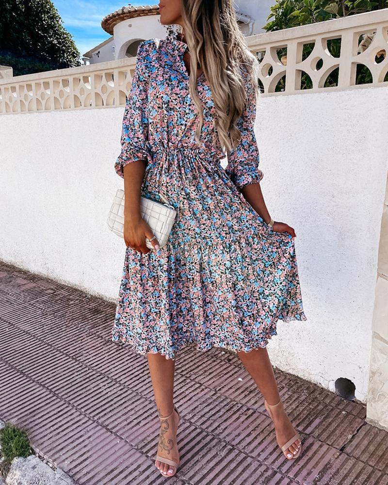 

Long Sleeve Ruffle Hem Ditsy Floral Print Dress, Blue