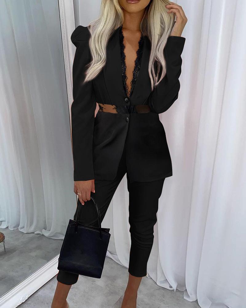 

Eyelash Lace Sheer Mesh Button Decor Blazer & Pants Set, Black