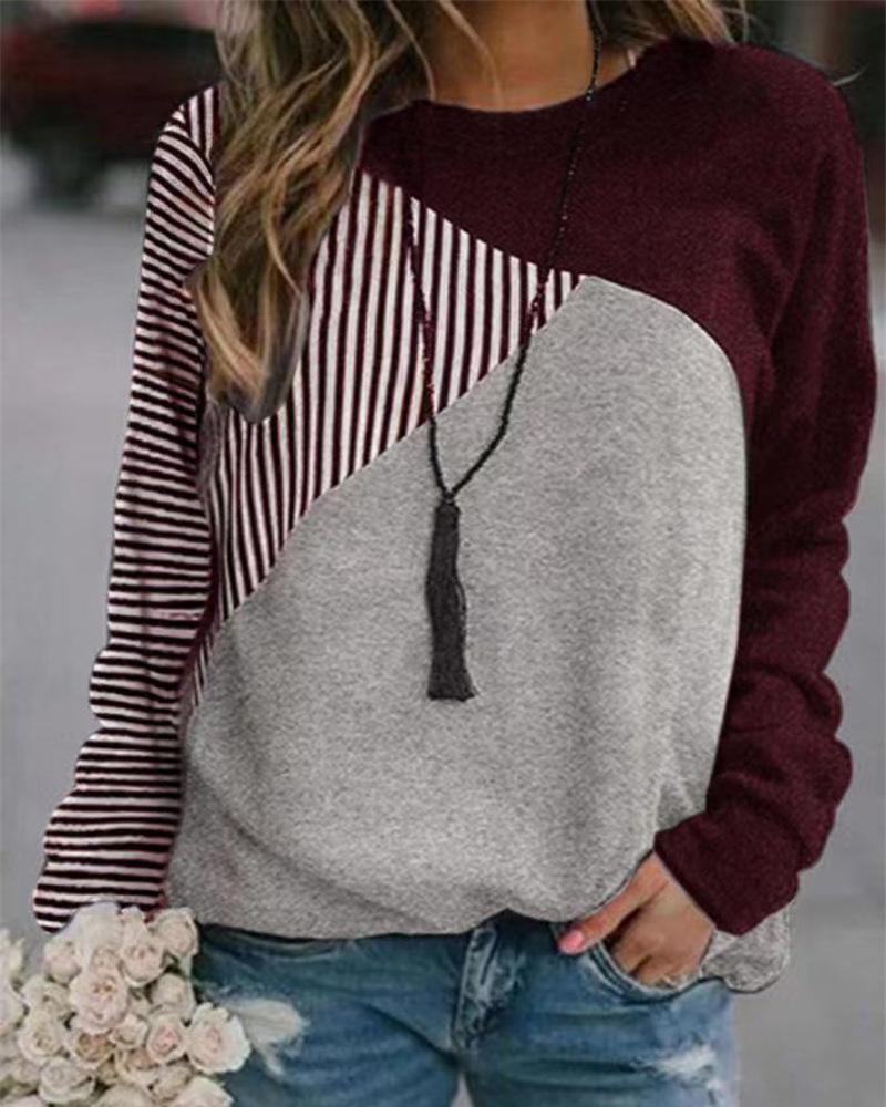 

Colorblock Striped Long Sleeve Sweatshirt, Wine red