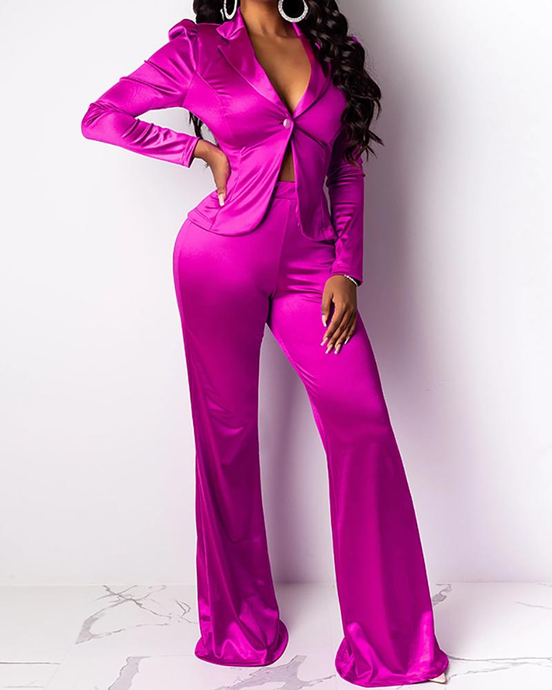 

Satin Puff Sleeve Blazer Coat & Bootcut Pants Set, Purple
