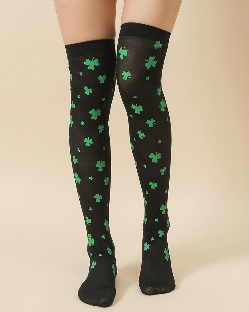 

St. Patrick's Day Shamrock Print Long Stockings, Black