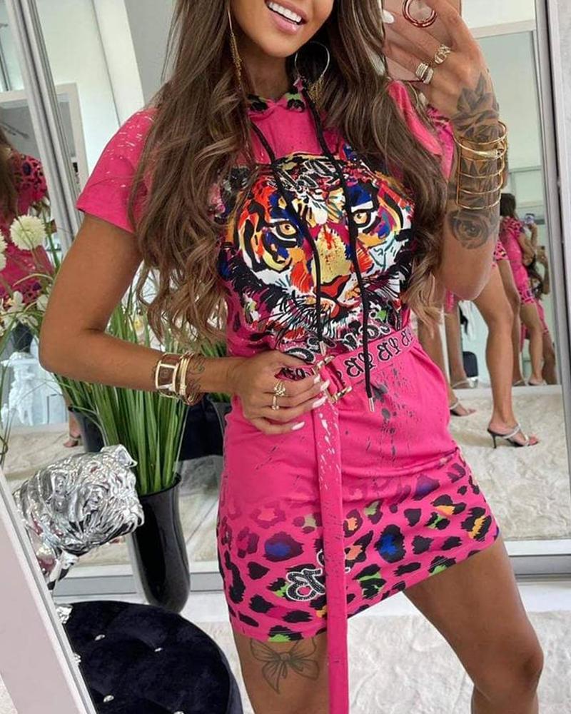 

Tiger Cheetah Print Hooded T-shirt Dress, Hot pink