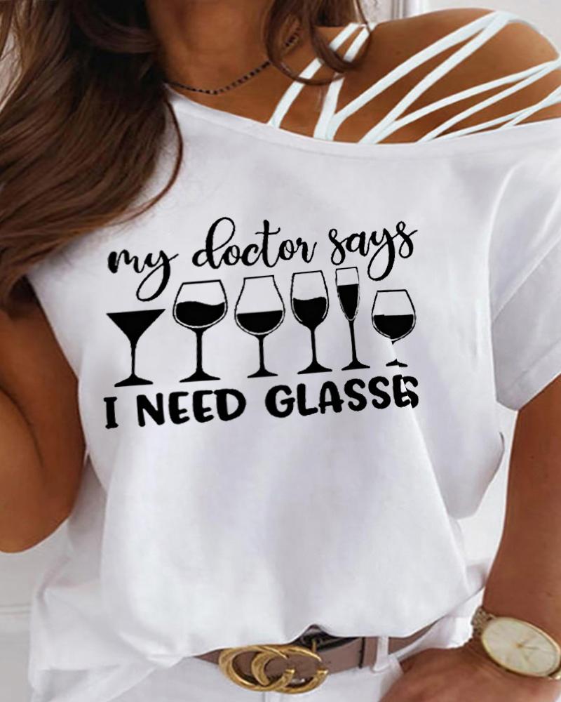 

Plus Size My Doctor Says I Need Glasses Wine Print Cold Shoulder Top, White