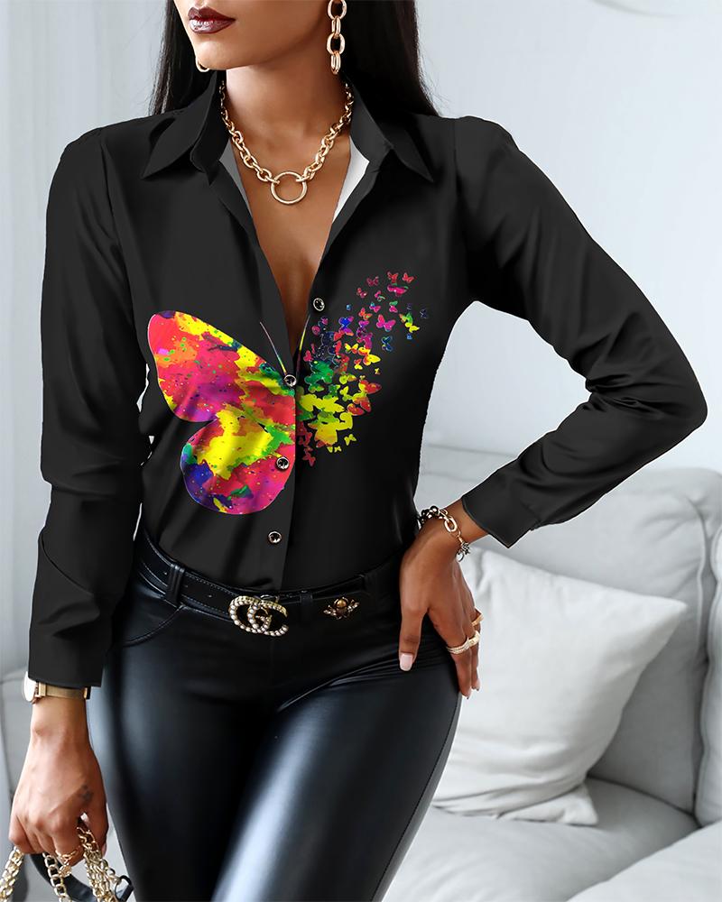 

Butterfly Print Long Sleeve Button Down Shirt, Black