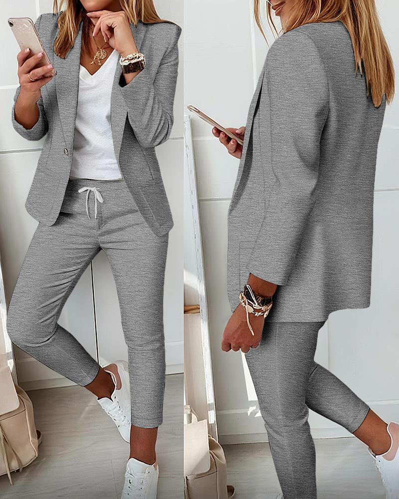 

2 Piece Lapel Neck Blazer Coat & Drawstring Pants Set, Dark grey