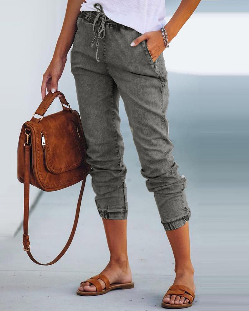 

High Waist Pocket Design Drawstring Jeans, Light gray